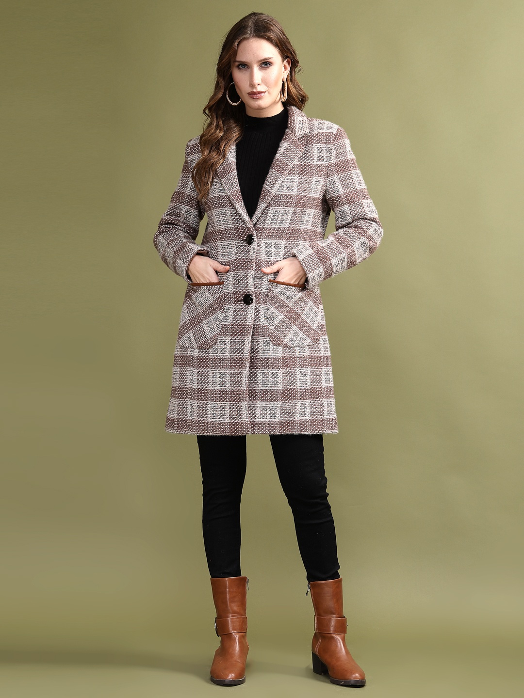 

Juelle Women Self Design Longline Trench Coats, Brown