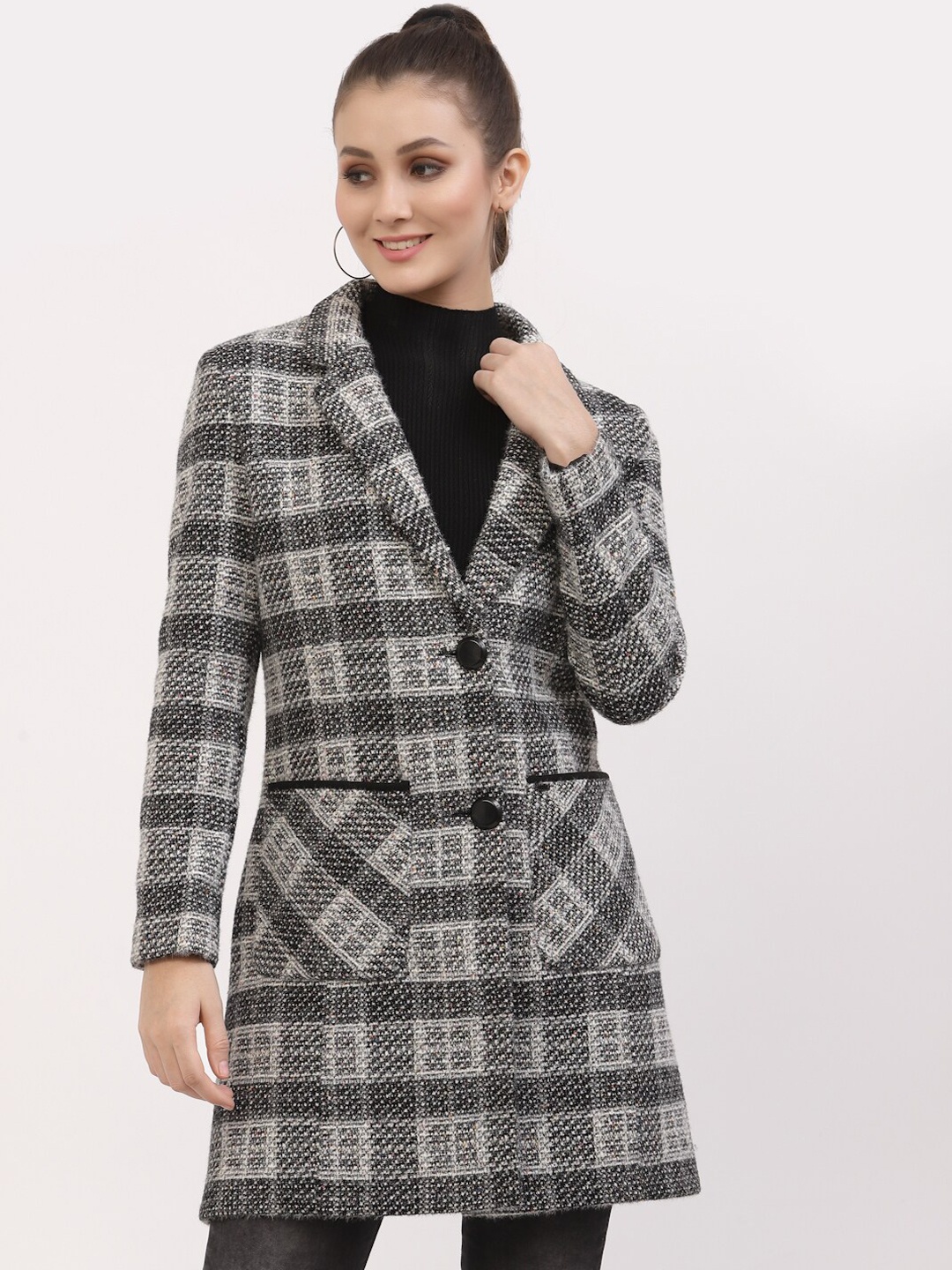 

Juelle Women Checked Longline Overcoats, Black