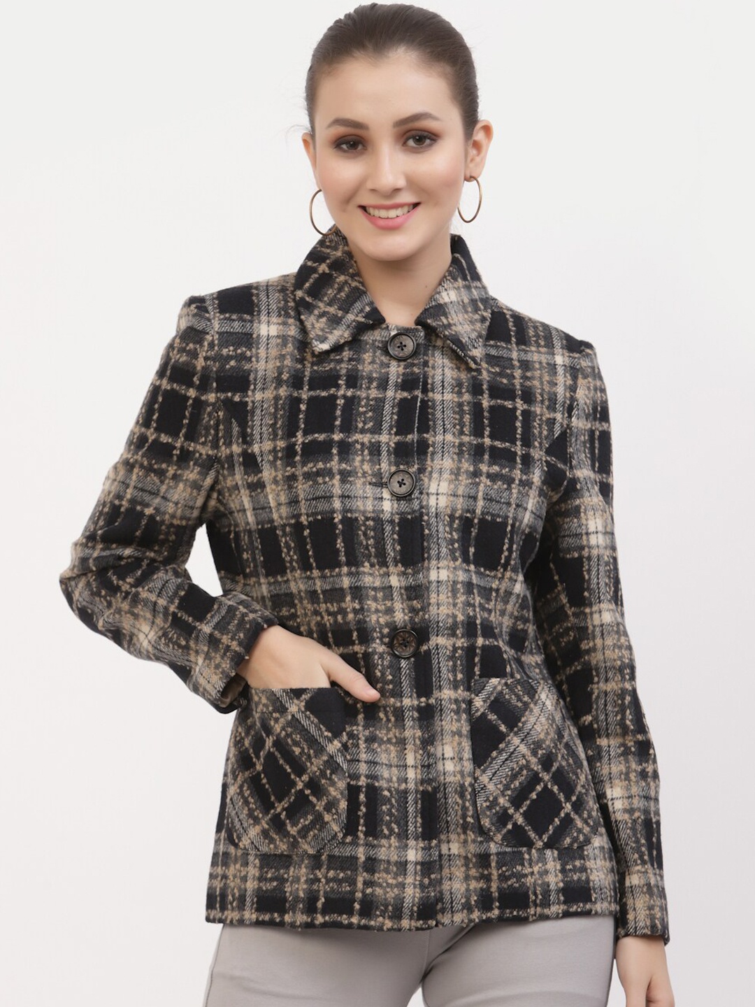 

Juelle Women Checked Single-Breasted Overcoat, Navy blue