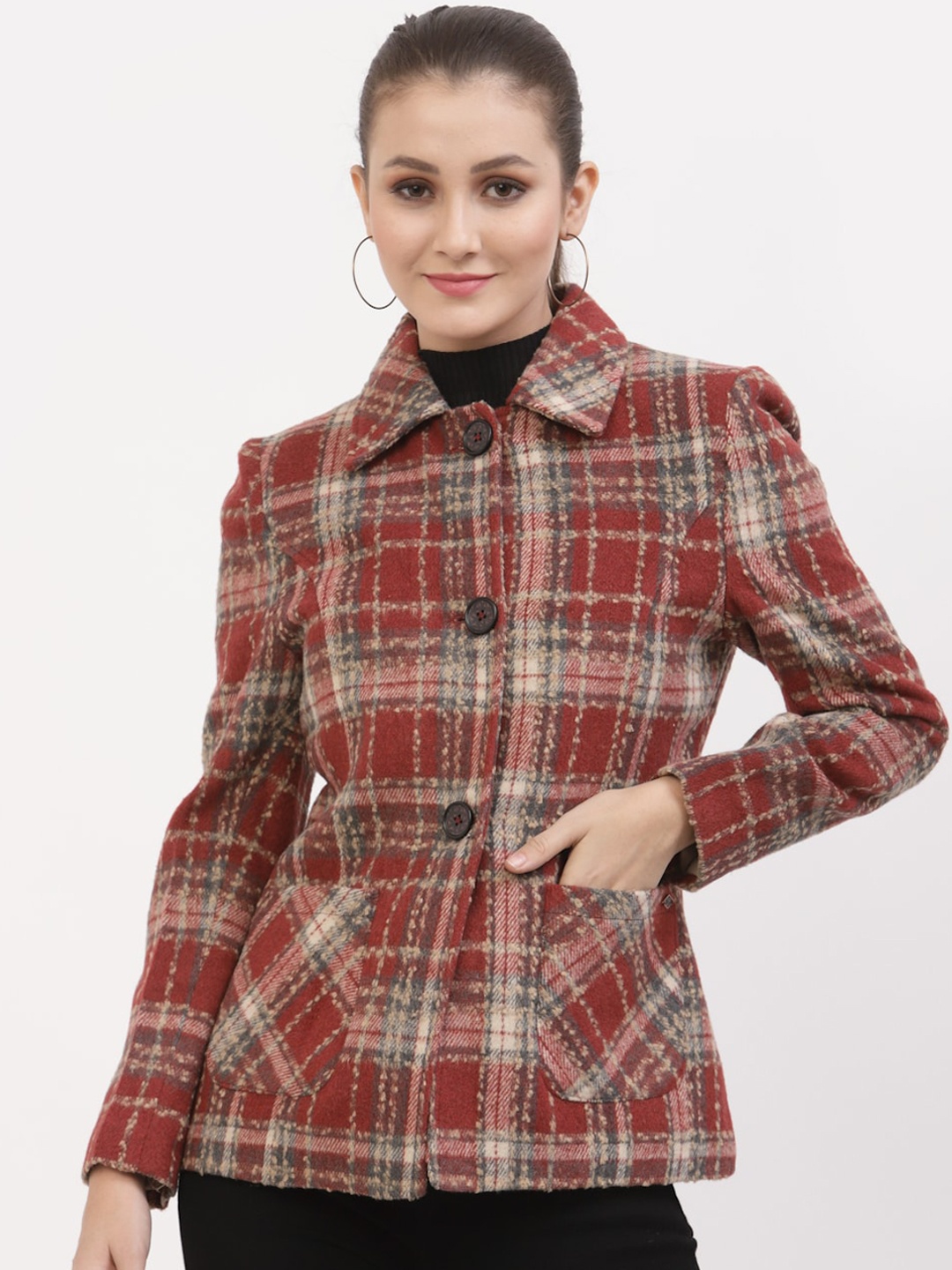 

Juelle Women Checks Spread Collar Overcoats, Maroon