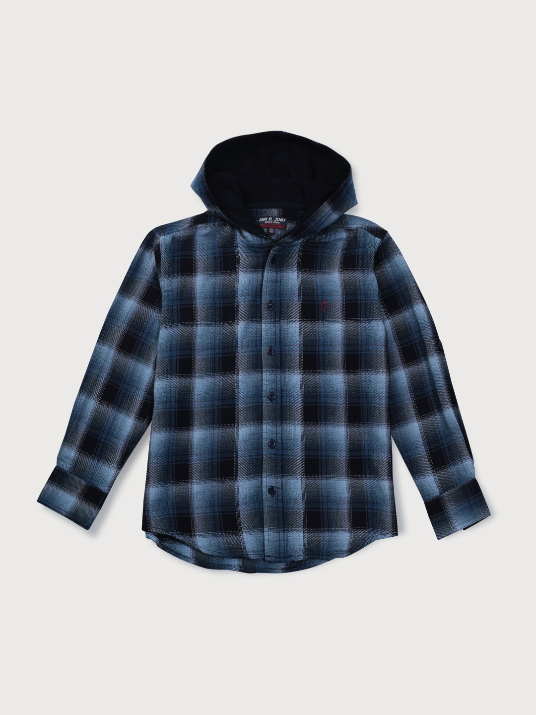 

Gini and Jony Boys Checked Cotton Hooded Casual Shirt, Navy blue