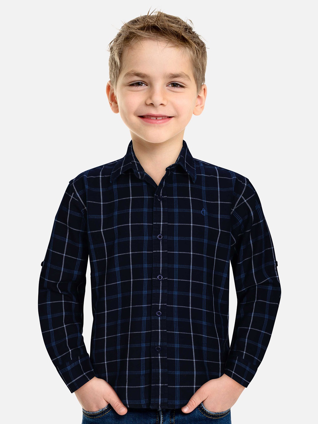 

Gini and Jony Boys Windowpane Checks Cotton Casual Shirt, Navy blue