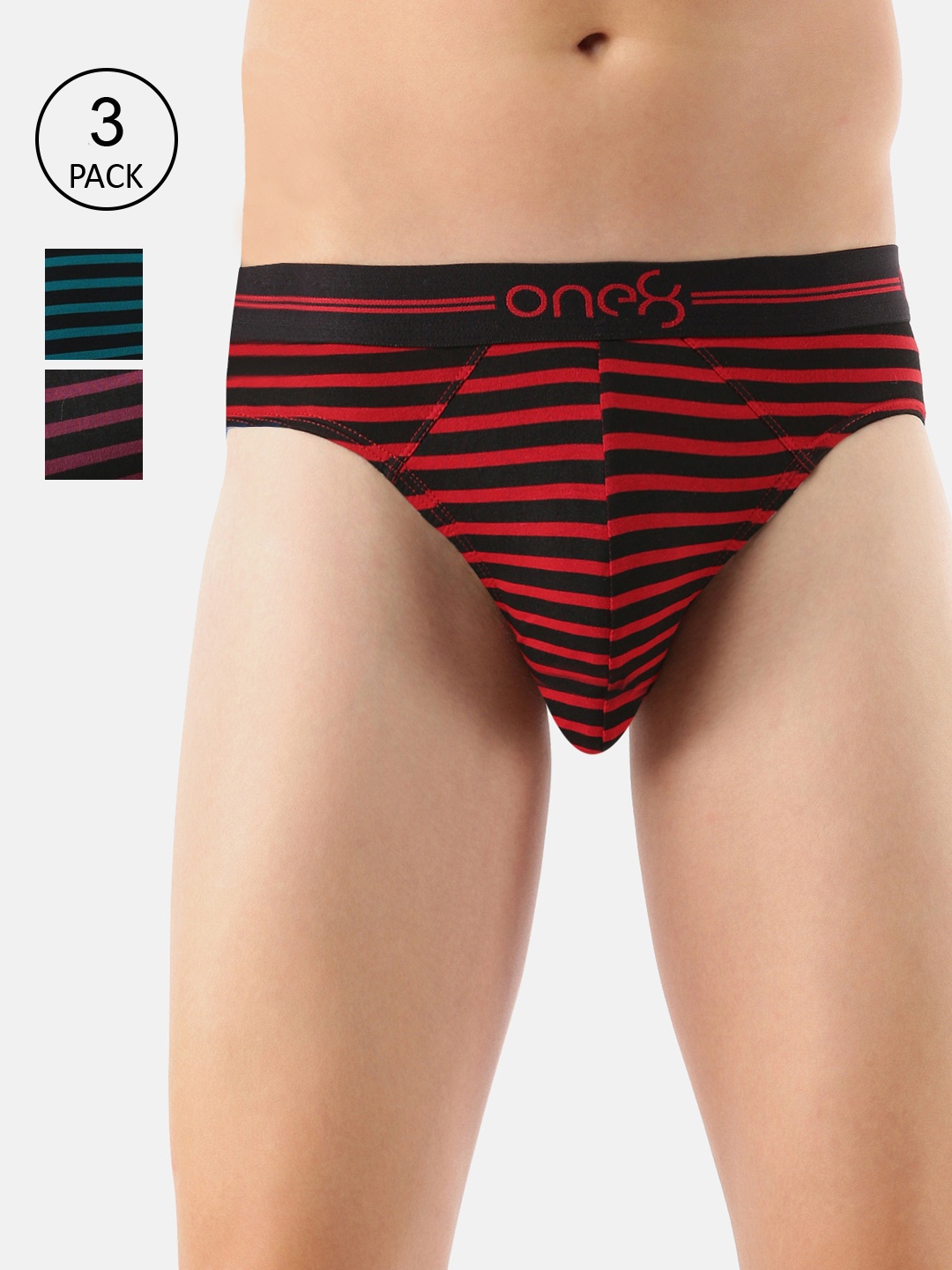 

one8 by Virat Kohli Men Pack Of 3 Striped Basic Briefs, Red