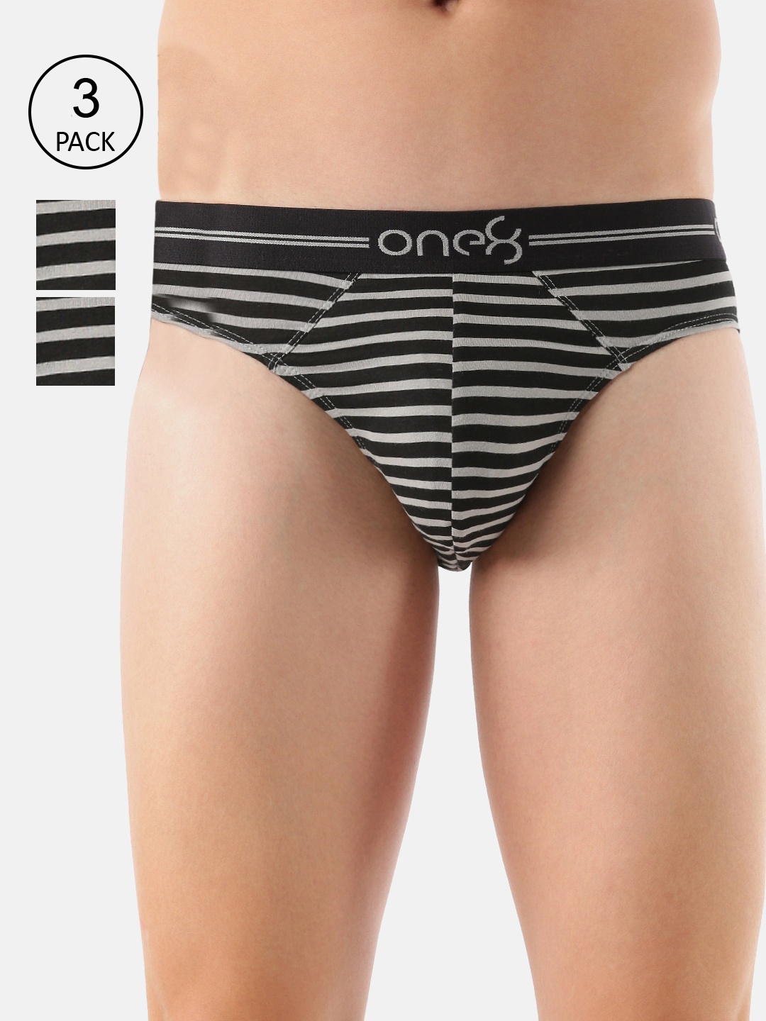 

one8 by Virat Kohli Men Pack Of 3 Striped Cotton Basic Briefs, Grey