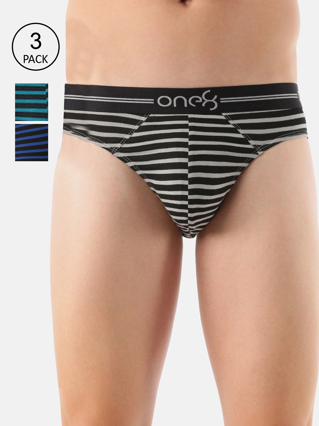 

one8 by Virat Kohli Men Pack Of 3 Striped Deo-Soft Basic Briefs, Grey melange