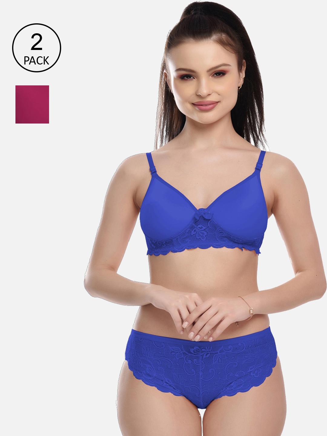 

FIMS Women Pack Of 2 Solid Lace Lingerie Set, Blue