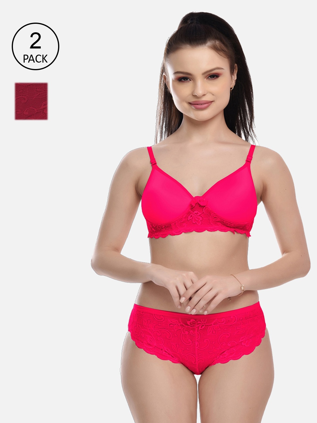 

FIMS Women Pack Of 2 Self Design Lingerie Set- MTR_Jasmine_Pad_Set_RaniMaroon_B, Fuchsia