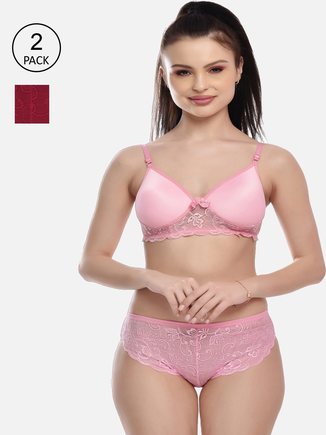 

FIMS Women Pack Of 2 Solid Lingerie Set, Pink
