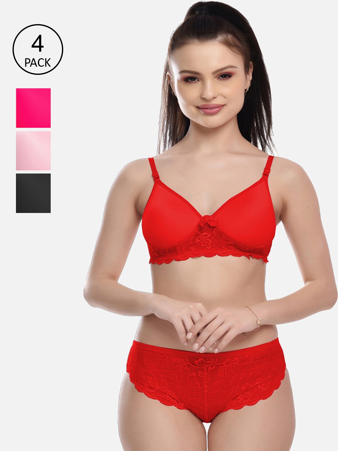 

FIMS Women Pack of 4 Lace Padded Lingerie Set, Red