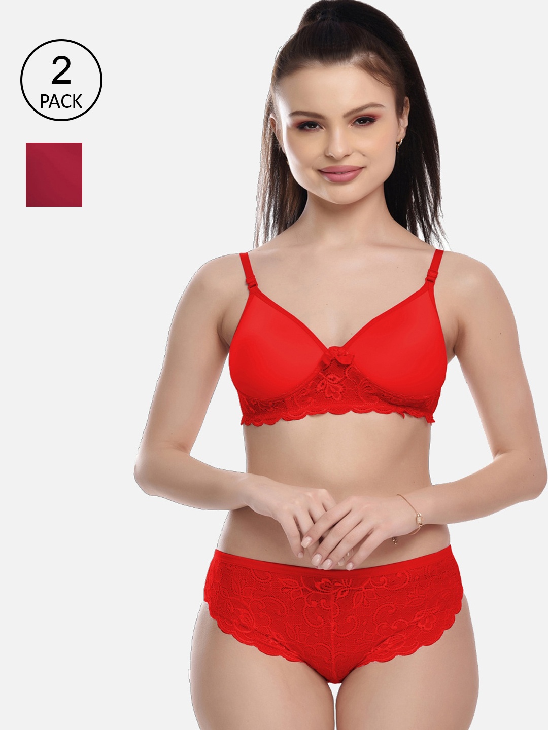 

FIMS Women Pack Of 2 Solid Laced Cotton Lingerie Set, Red