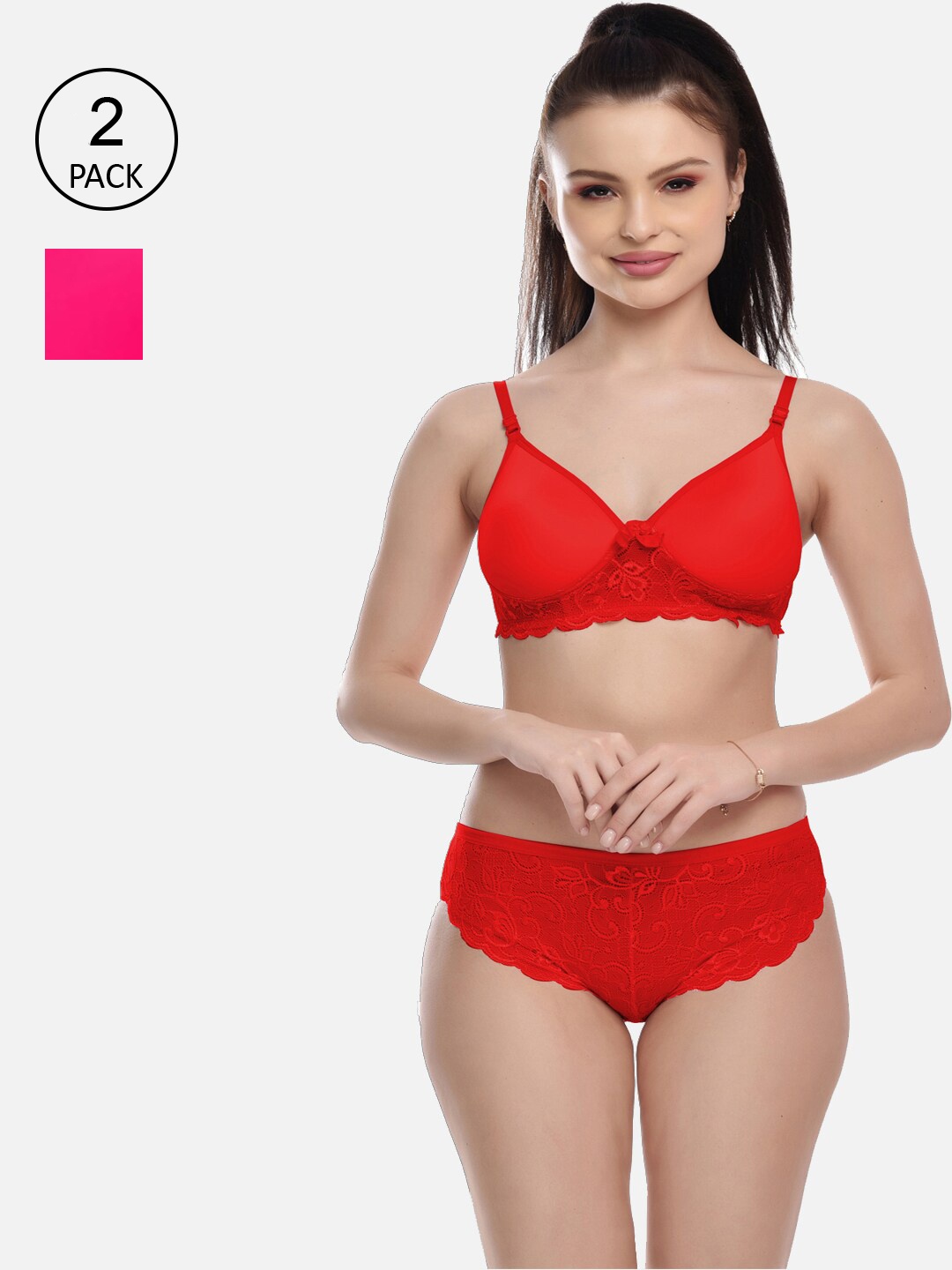 

FIMS Women Pack Of 2 Self Design Lingerie Set, Red