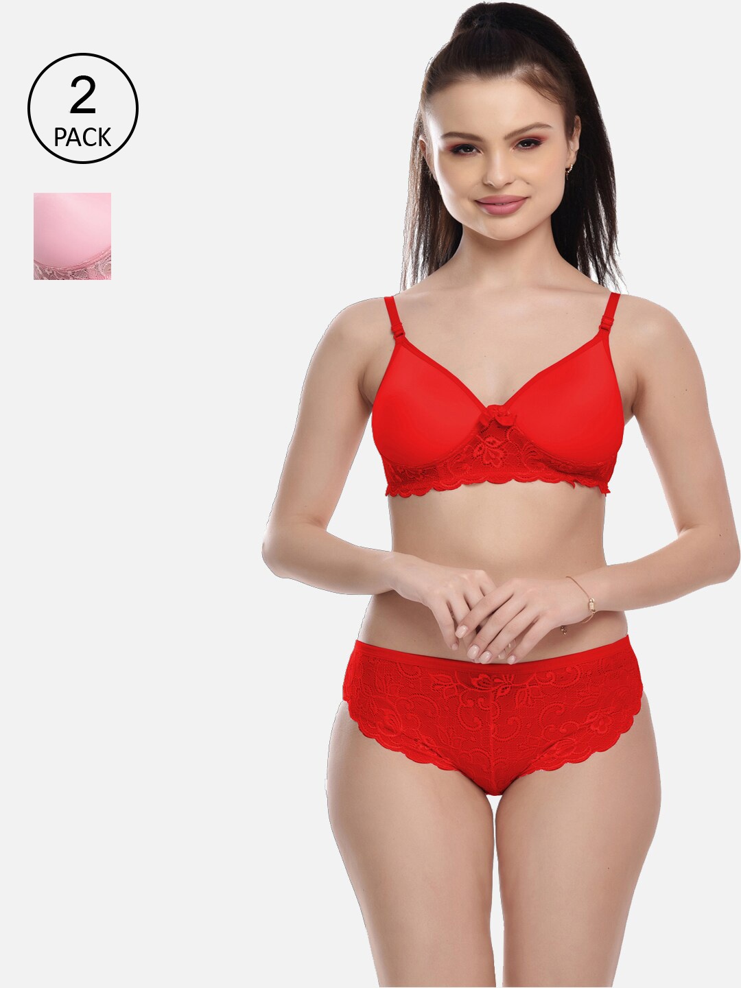 

FIMS Women Pack Of 2 Solid Lingerie Set MTR_Jasmine_Pad_Set_RedPink_B, Red