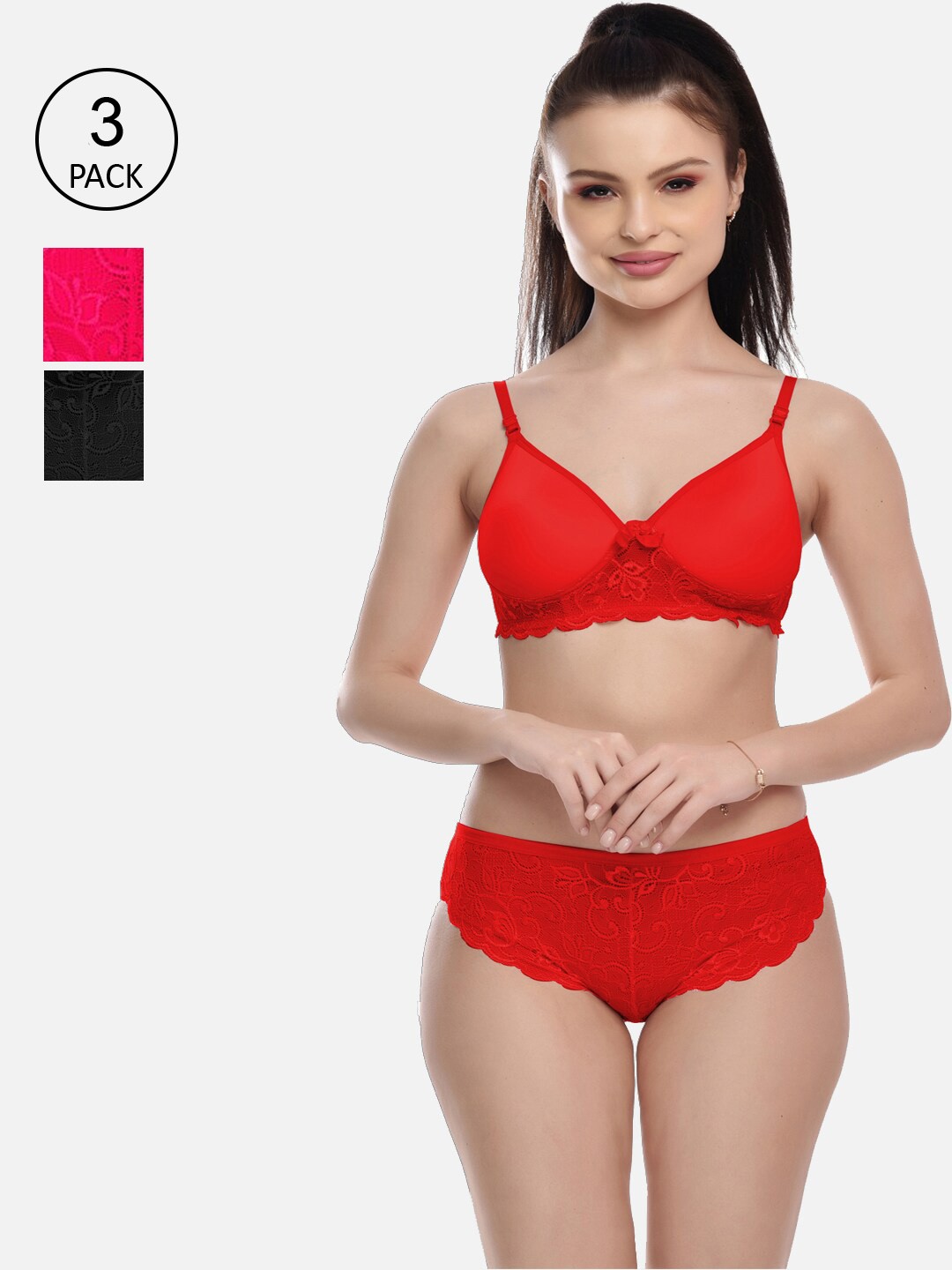 

FIMS Women Pack Of 3 Self Design Lingerie Set, Red