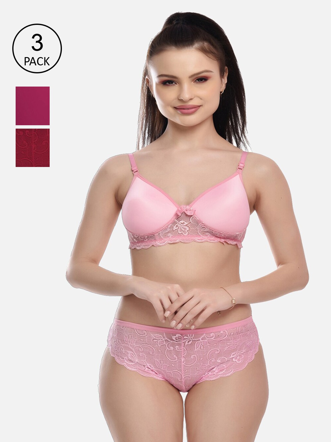 

FIMS Women Pack Of 2 Solid Cotton Lace Lingerie Set, Pink