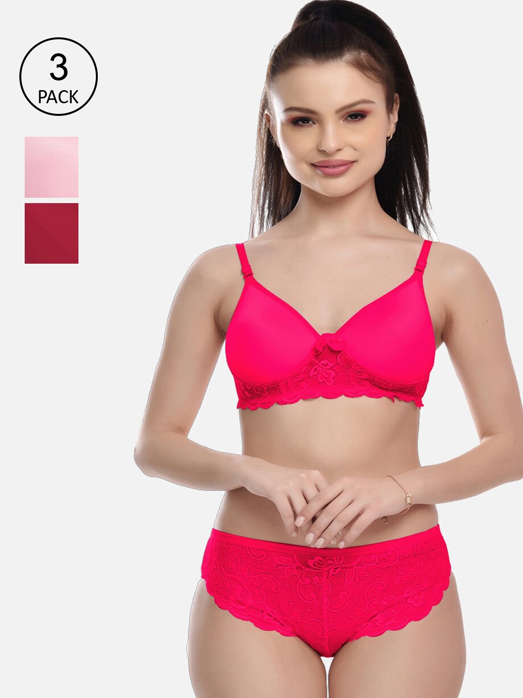 

FIMS Women Pack Of 3 Solid Lace Design Lingerie Sets, Fuchsia