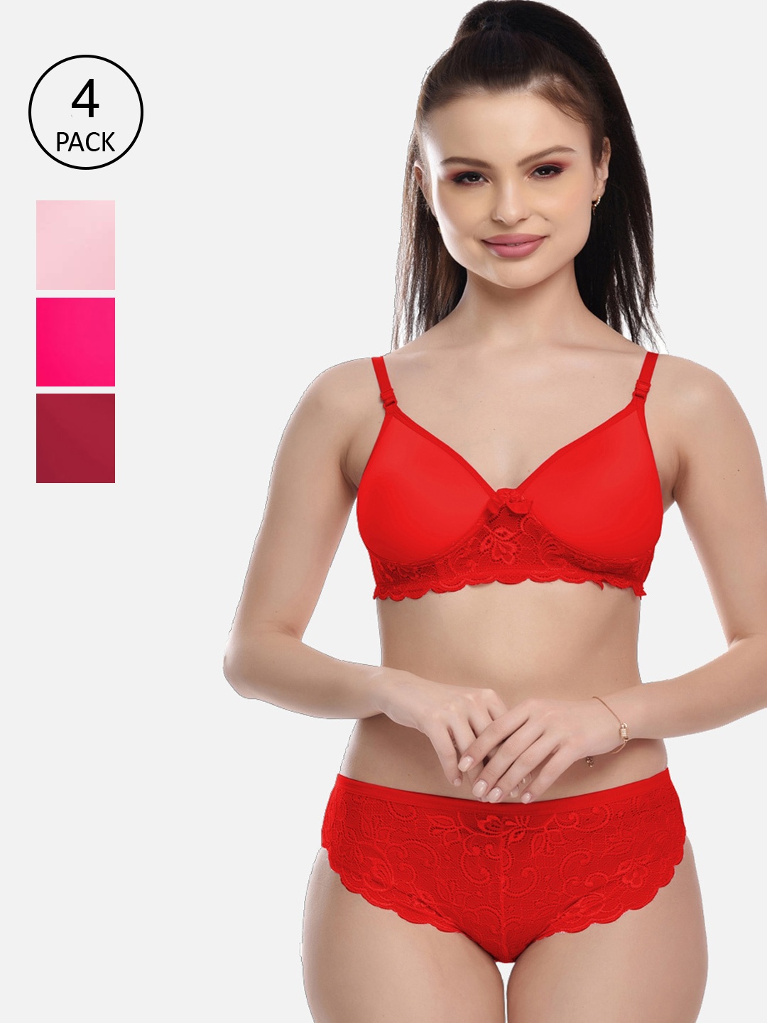 

FIMS Women Pack Of 4 Solid Lace Lingerie Set, Maroon