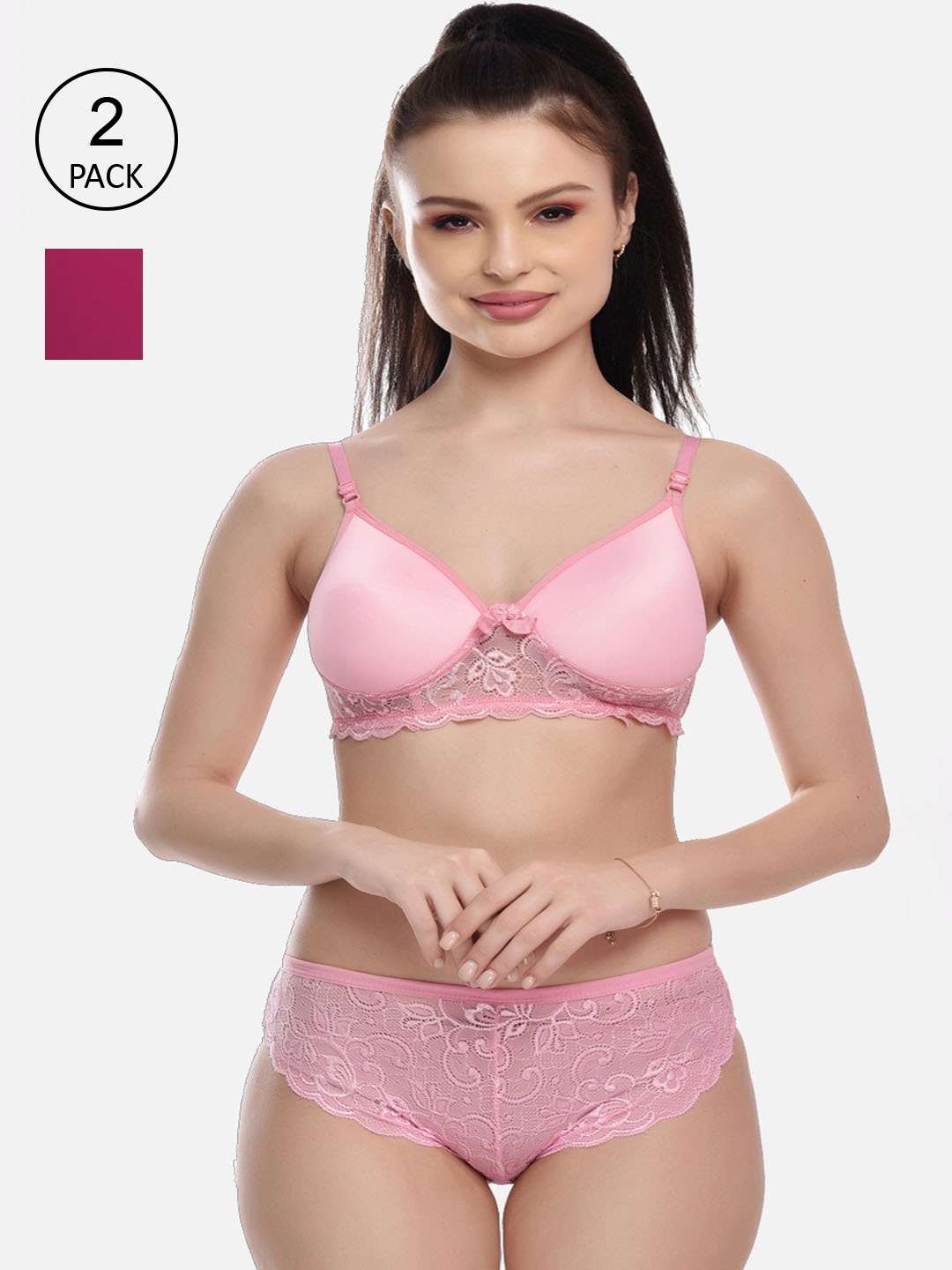 

FIMS Women Pack Of 2 Solid Cotton Lingerie Set, Pink