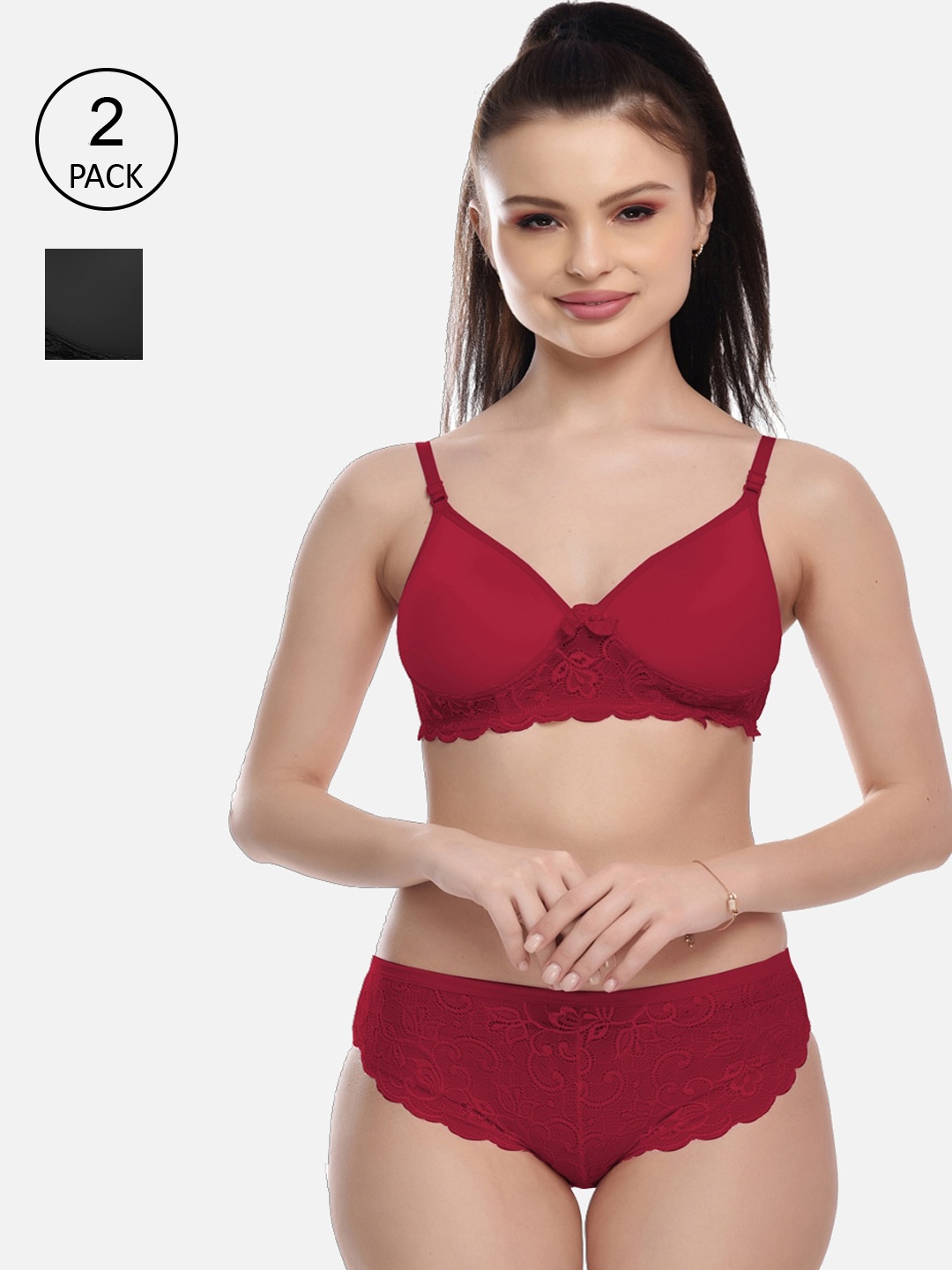 

FIMS Women Pack Of 3 Self-Design Cotton Lace Lingerie Set, Maroon