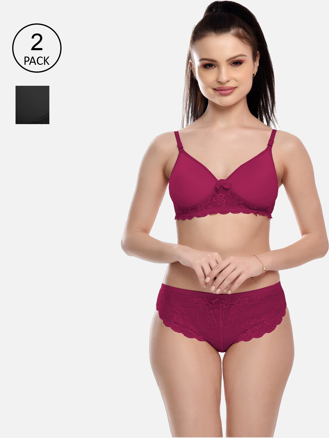 

FIMS Women Pack Of 2 Solid Lace Design Lingerie Sets, Purple