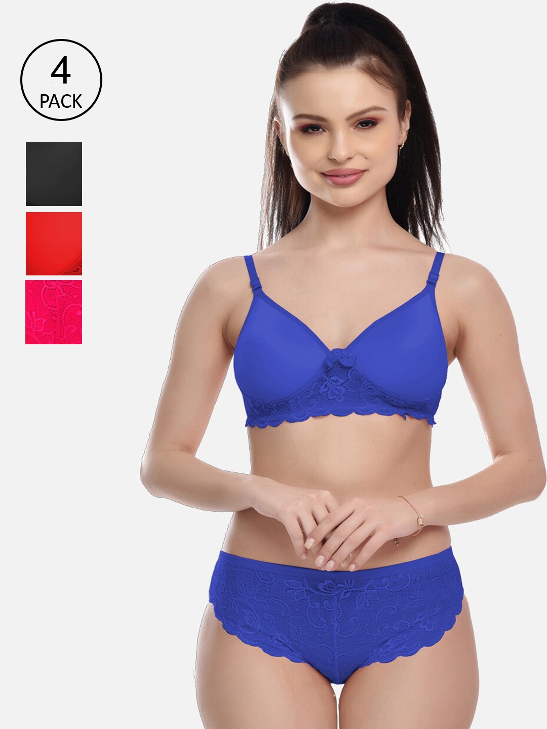 

FIMS Women Pack Of 4 Solid Lace Lingerie Set, Blue
