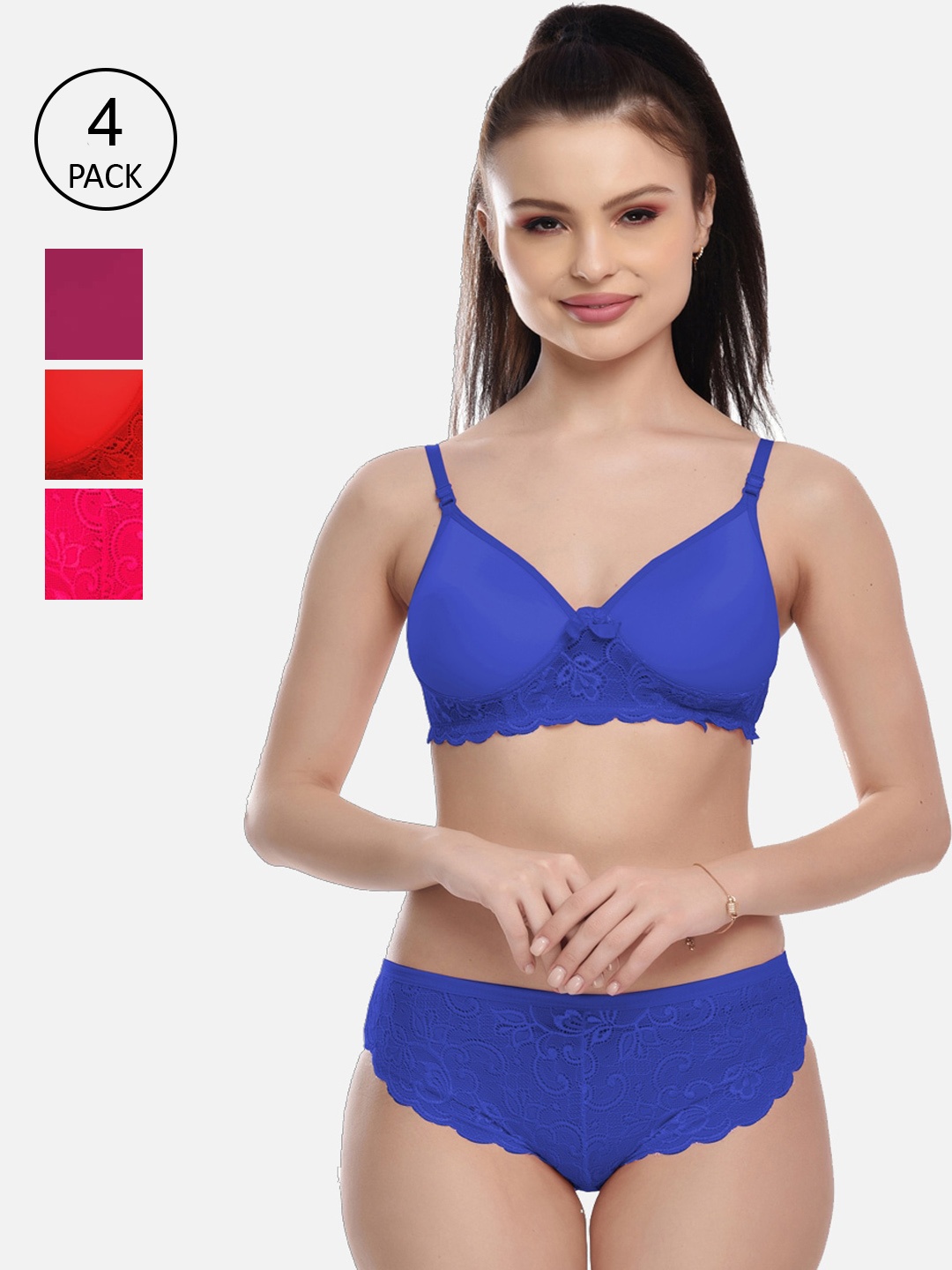 

FIMS Women Pack Of 4 Solid Lace Design Lingerie Sets, Blue