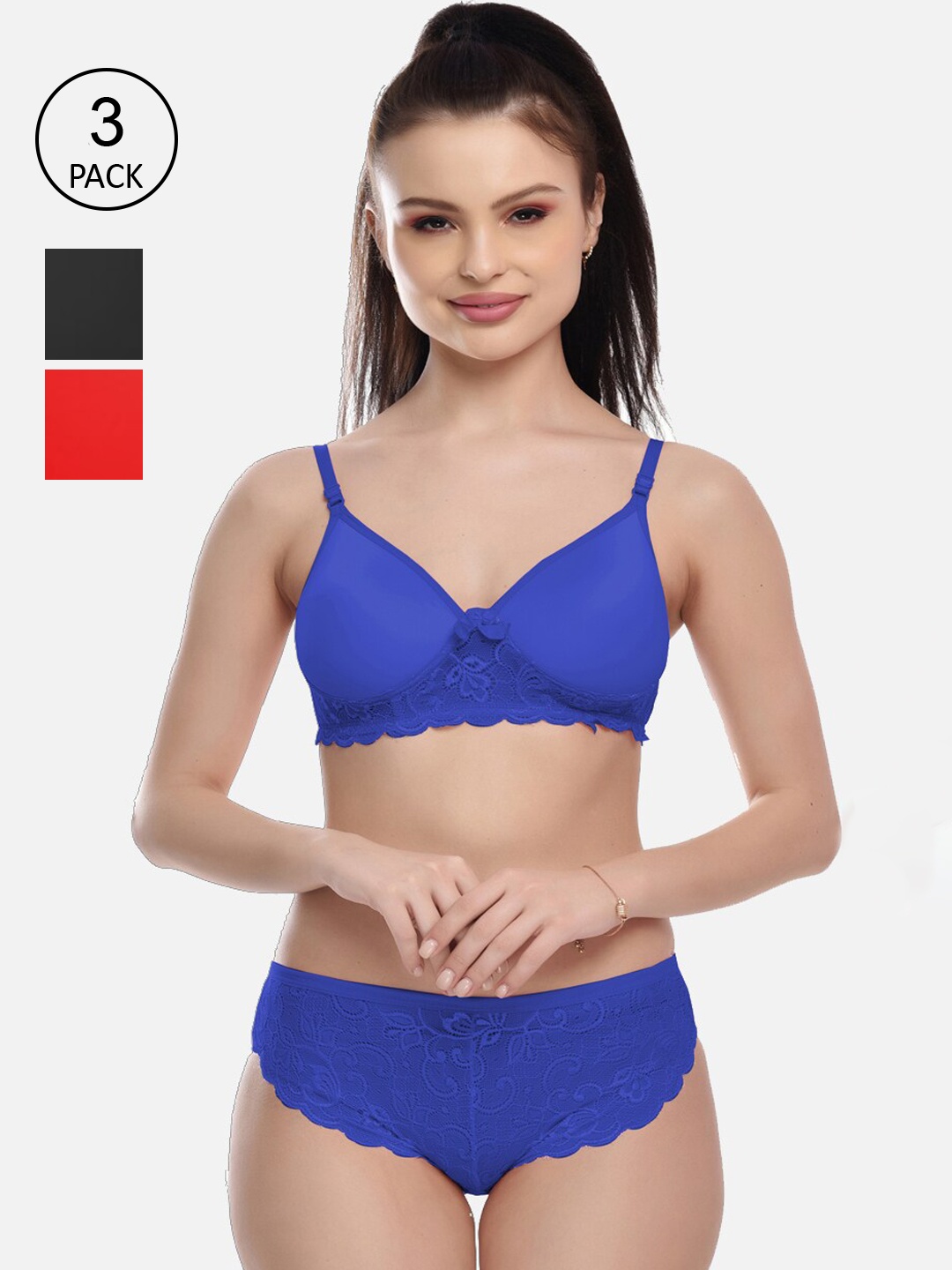 

FIMS Women Pack Of 3 Self-Design Cotton Lace Lingerie Set, Blue