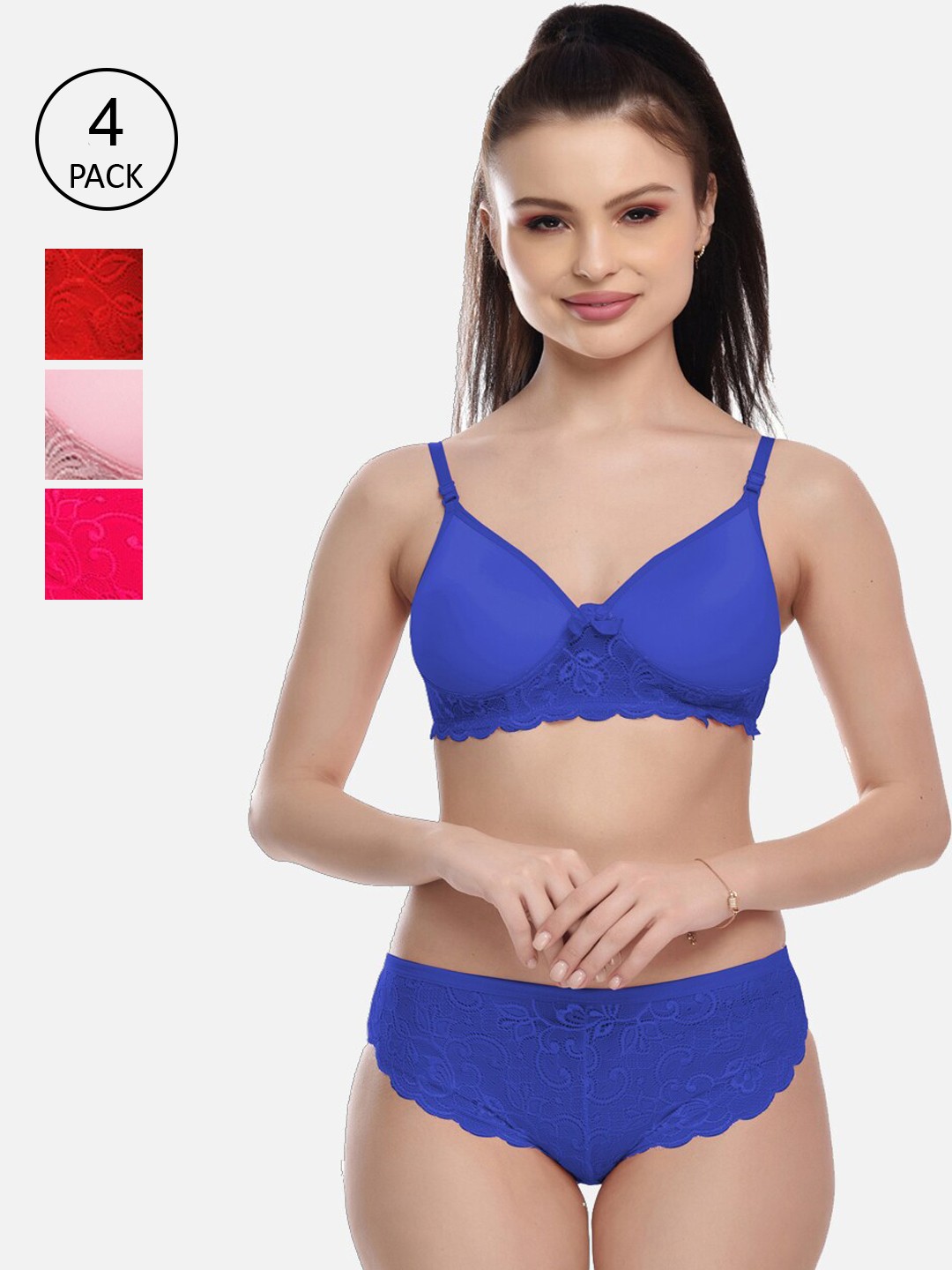 

FIMS Women Pack Of 4 Solid Lace Lingerie Set, Blue