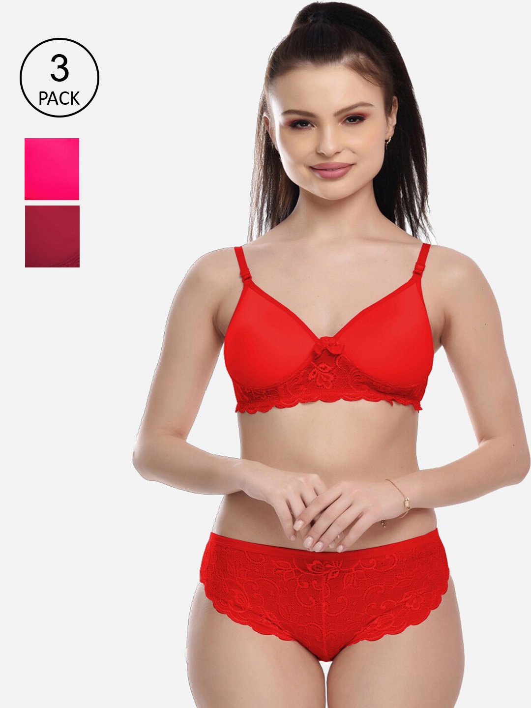

FIMS Women Pack Of 3 Solid Cotton Lace Lingerie Set, Red