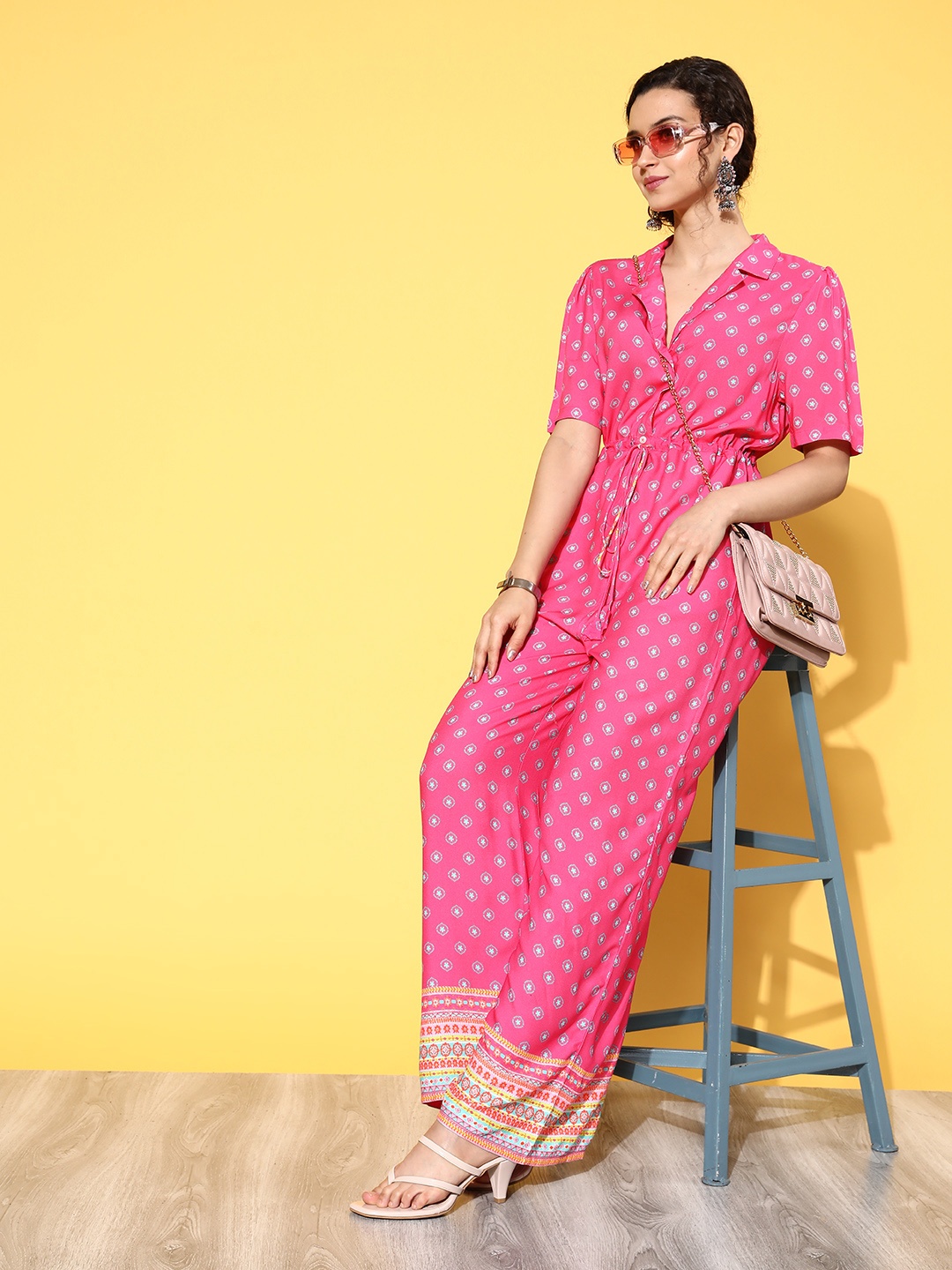 

HERE&NOW Women Pink & Blue Printed Basic Jumpsuit
