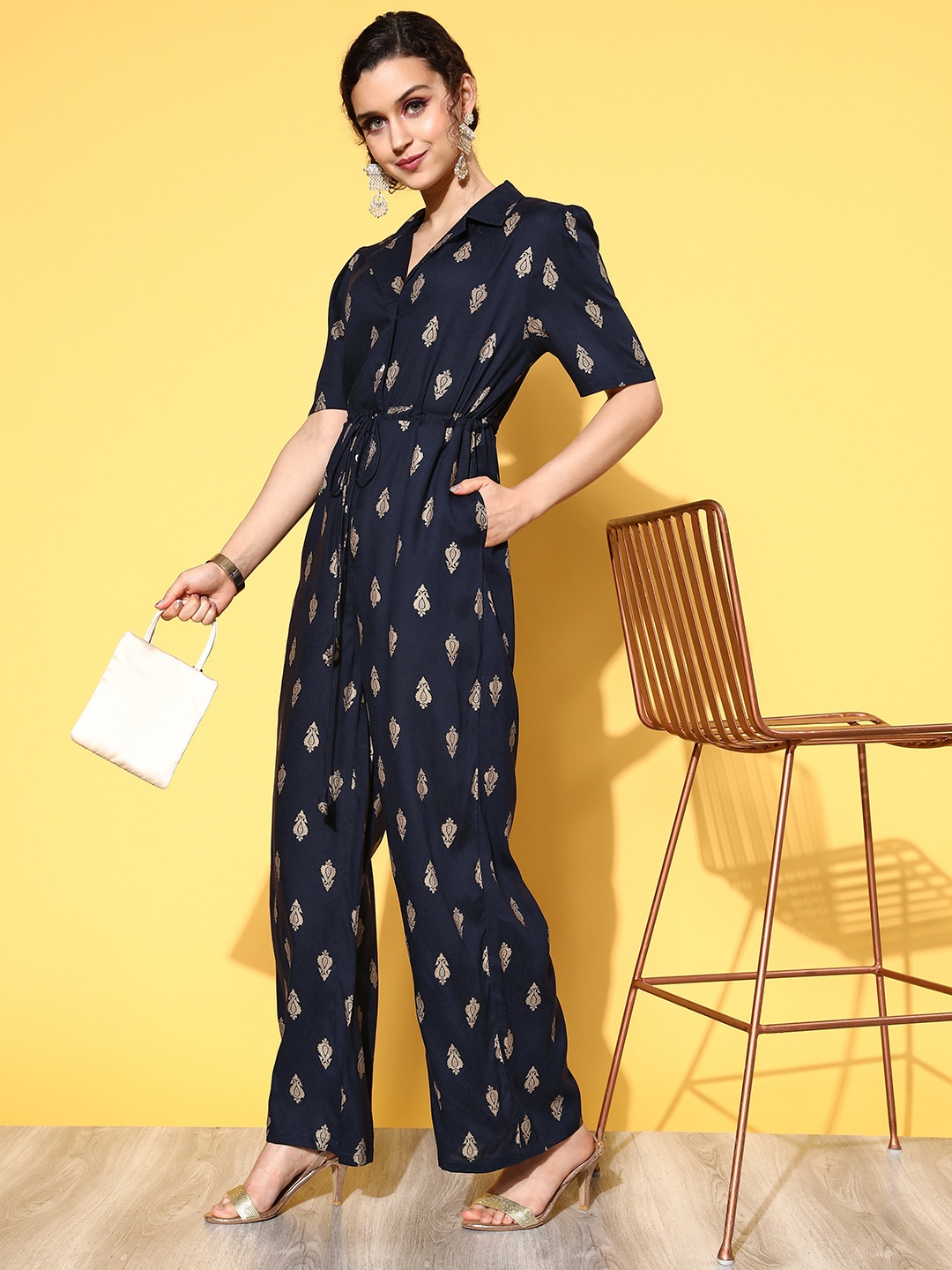 

HERE&NOW Women Navy Blue & Golden Printed Basic Jumpsuit