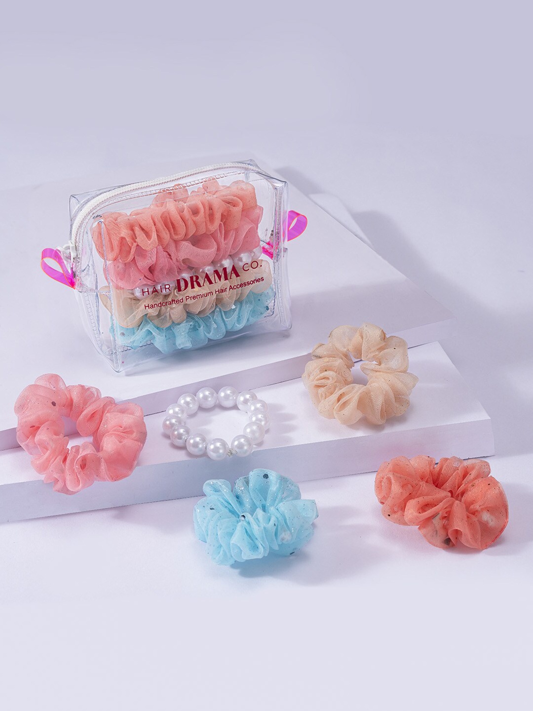 

HAIR DRAMA CO. Women Set of 5 Beaded Ponytail Holders, Pink
