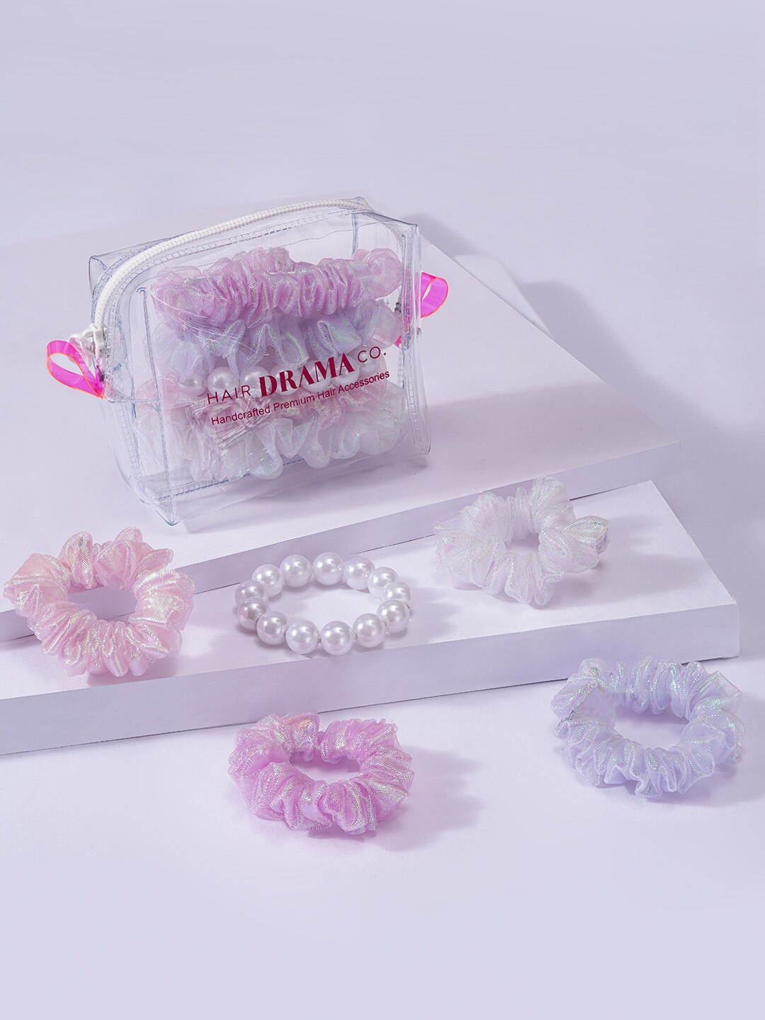 

HAIR DRAMA CO. Women Set of 5 Beaded Ponytail Holders, Pink