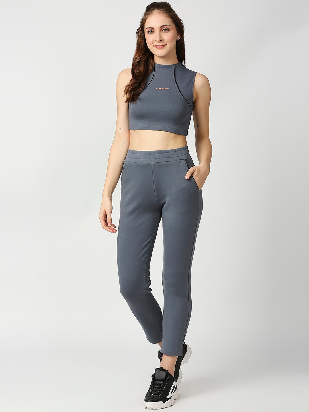 

Blamblack Women Solid Crop-Top & Trouser Co-Ords, Grey