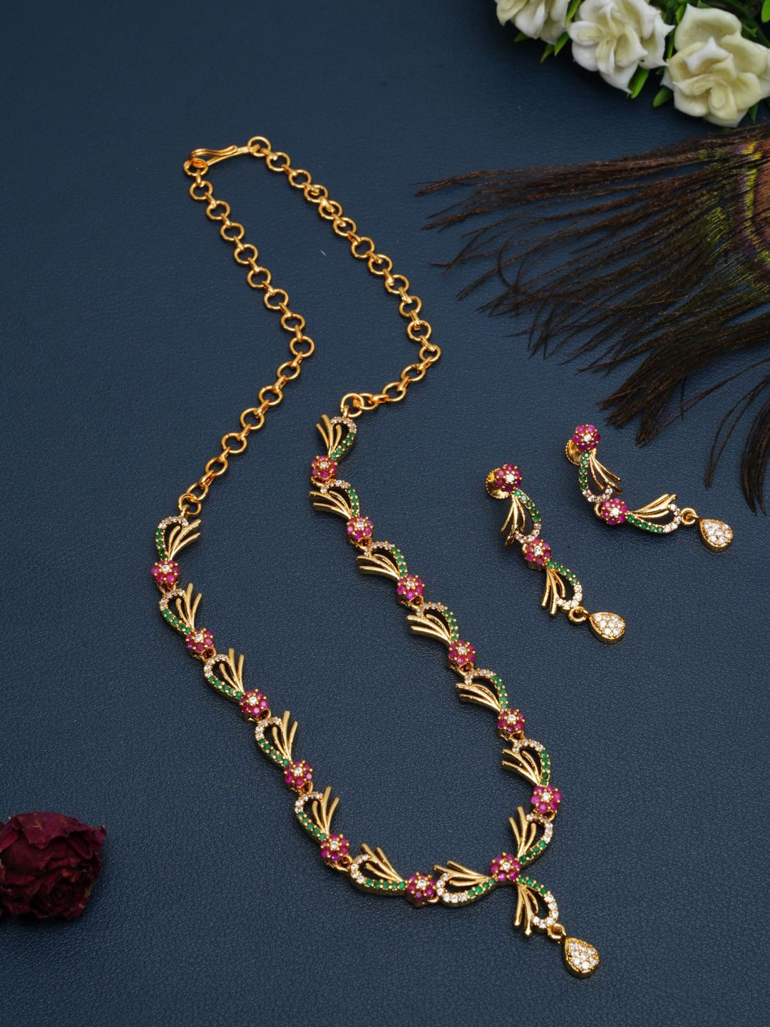 

GRIIHAM Gold-Plated CZ-Studded & Beaded Jewellery Set