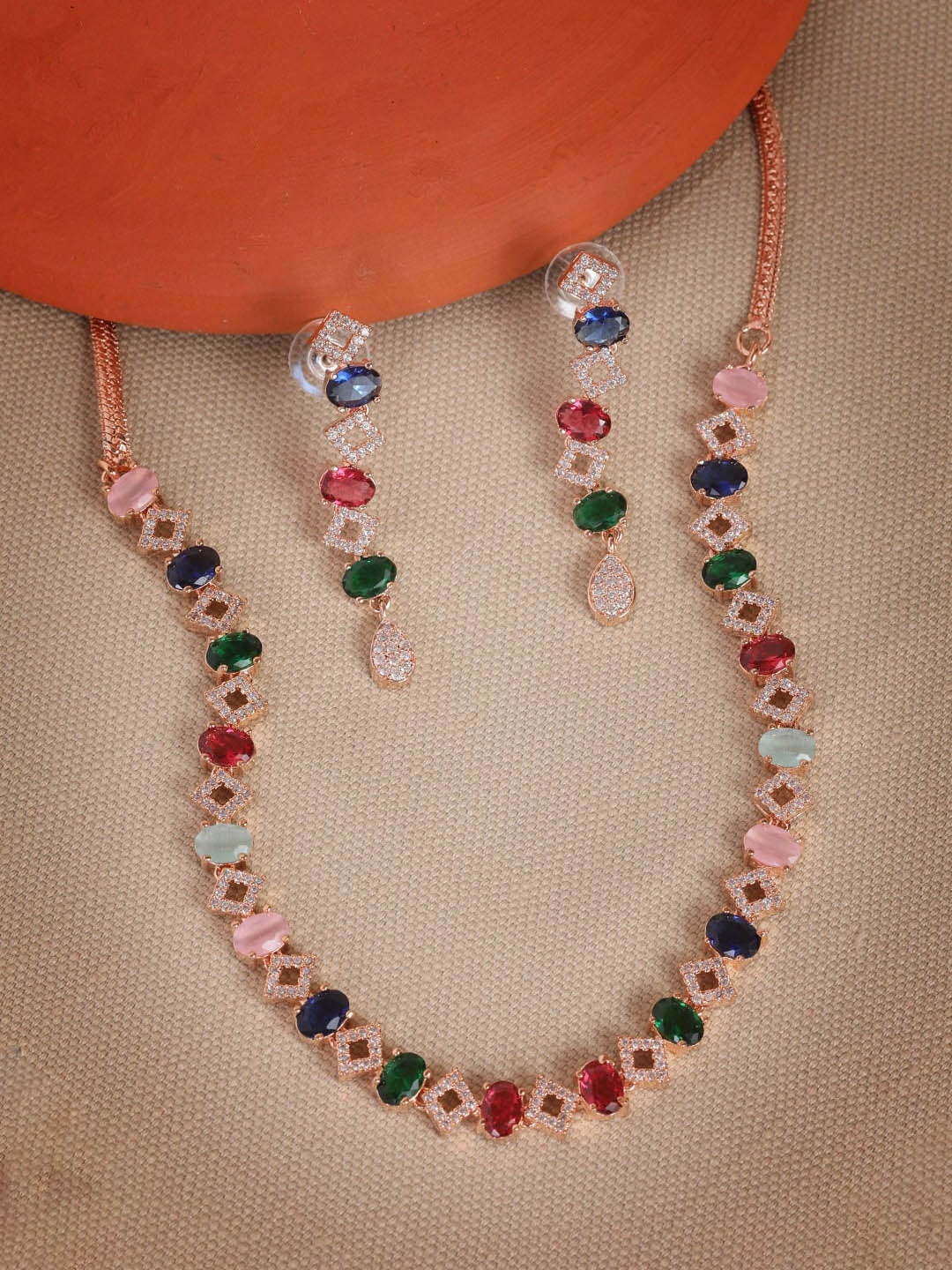 

GRIIHAM Rose Gold-Plated & CZ Stone-Studded Jewellery Set, Pink