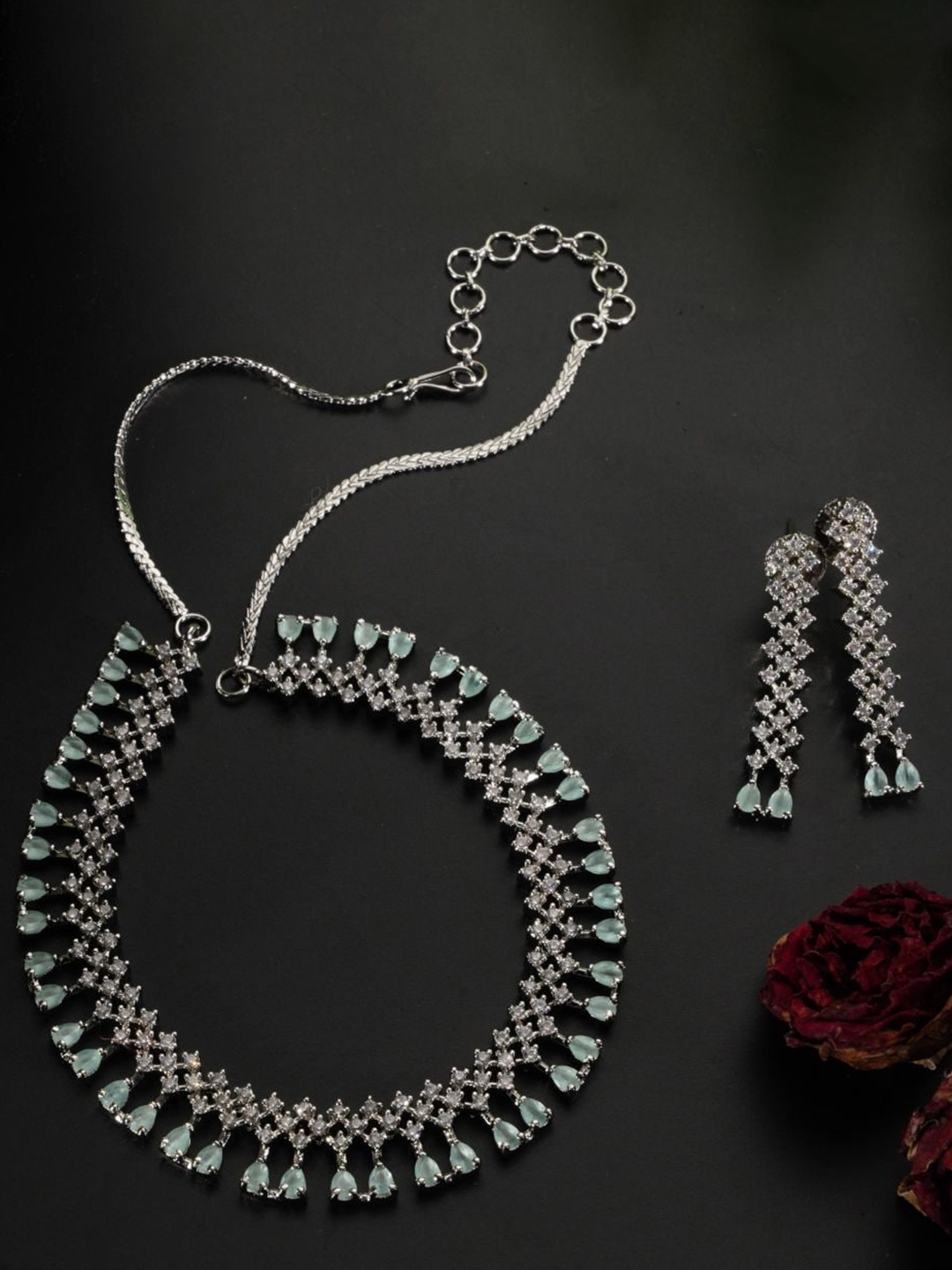 

GRIIHAM Rhodium-Plated CZ-Studded Jewellery Set, Green