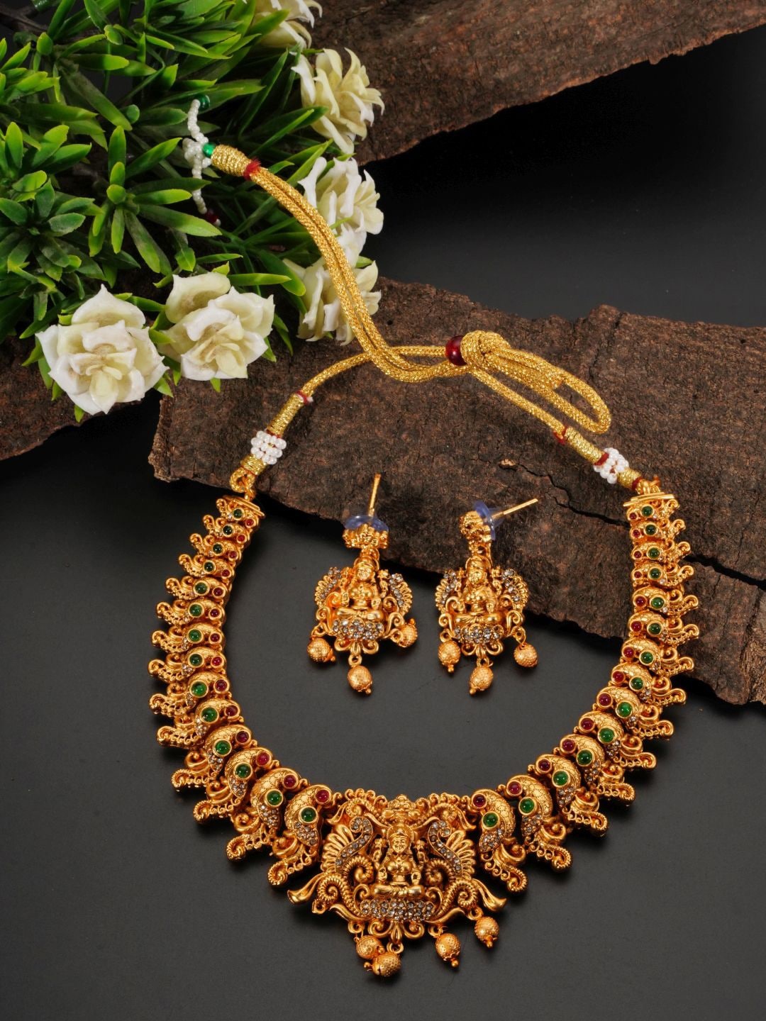

GRIIHAM Gold-Plated Stone Studded Temple Jewellery Set