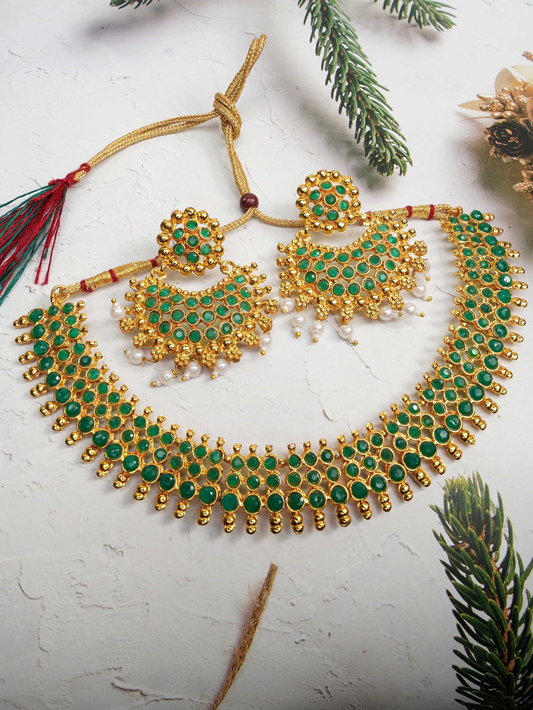 

GRIIHAM Gold-Plated CZ Stone-Studded & Beaded Jewellery Set