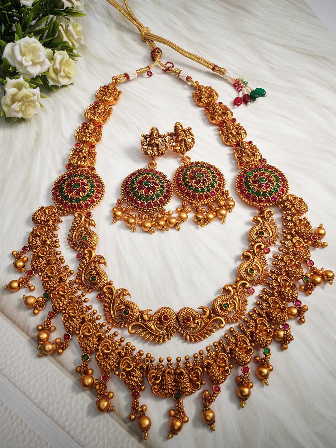 

GRIIHAM Gold-Plated CZ stones Studded & Beaded Layered Laxmi Jewellery Set
