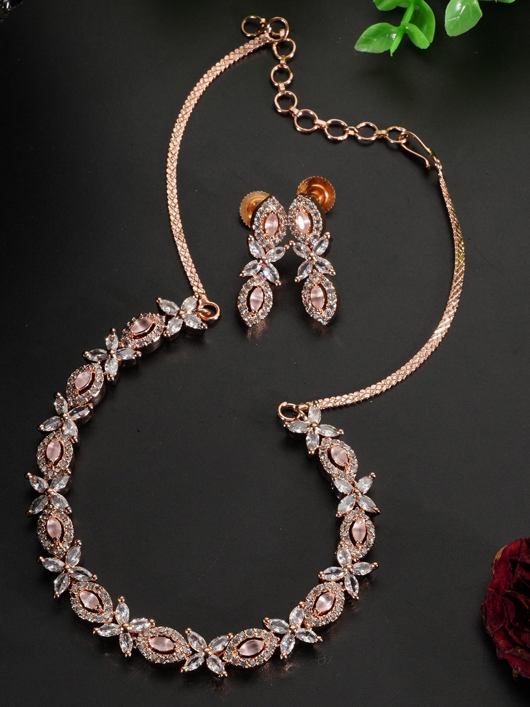 

GRIIHAM Rose Gold-Plated & CZ Stone-Studded Jewellery Set, Pink