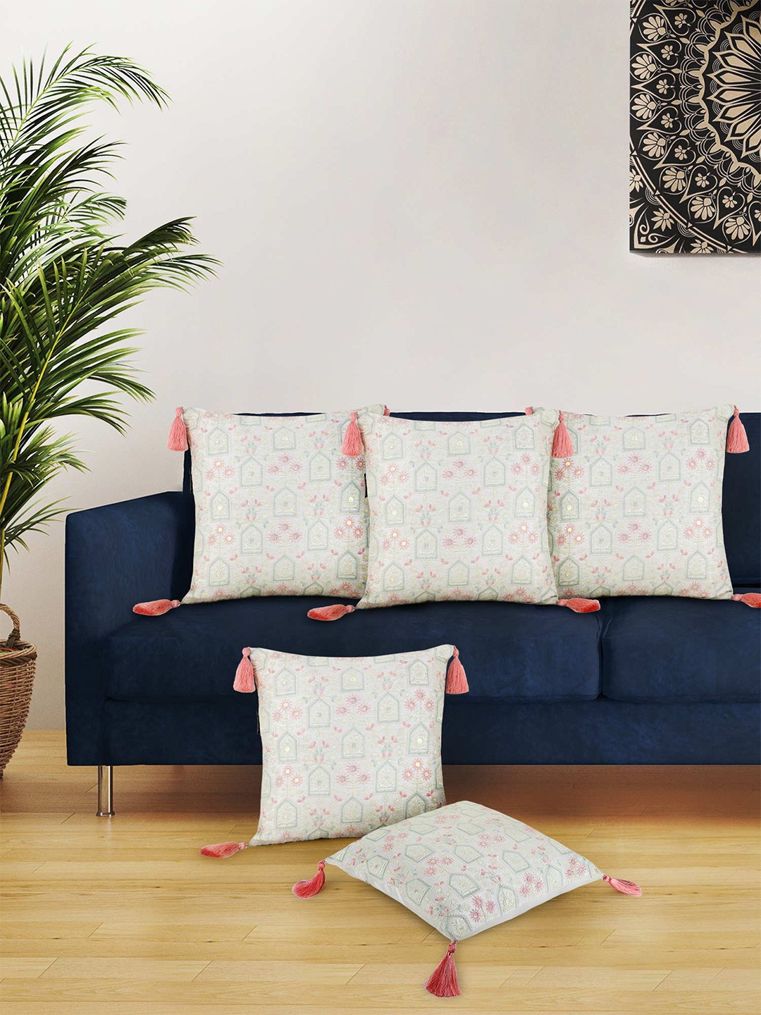 

Mezposh Off White & Pink Set of 5 Floral Square Cushion Covers