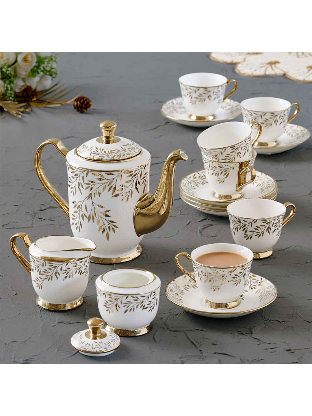 

Home Centre 15 Pcs Printed Bone China Glossy Cups and Saucers, Off white
