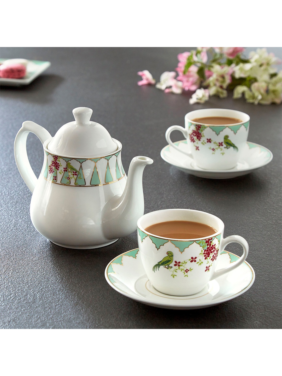 

Home Centre 5 Pcs Printed Bone China Glossy Cups and Saucers, White