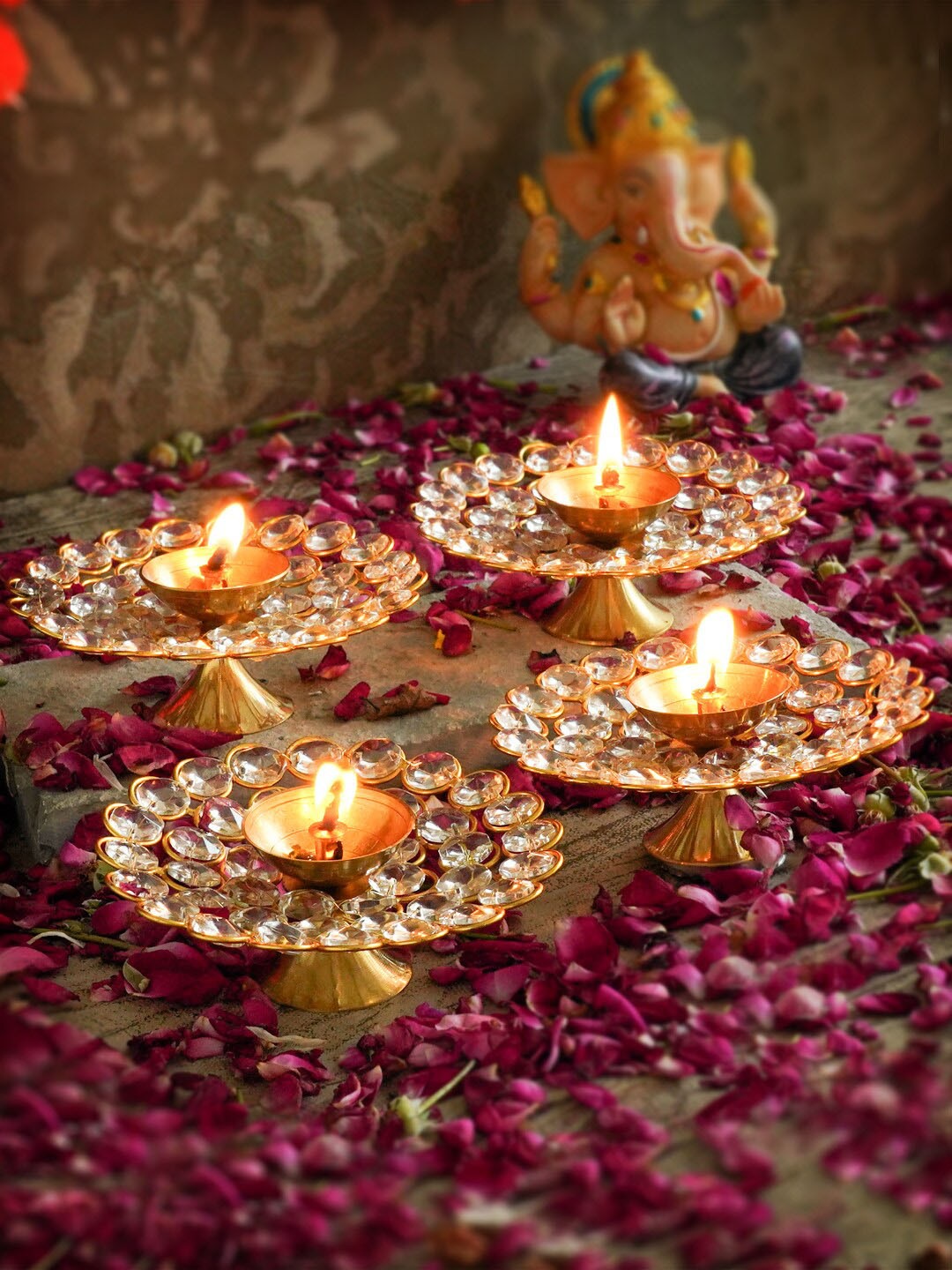 

TIED RIBBONS Set Of 4 Crystals Studded Akhand Diyas, Gold