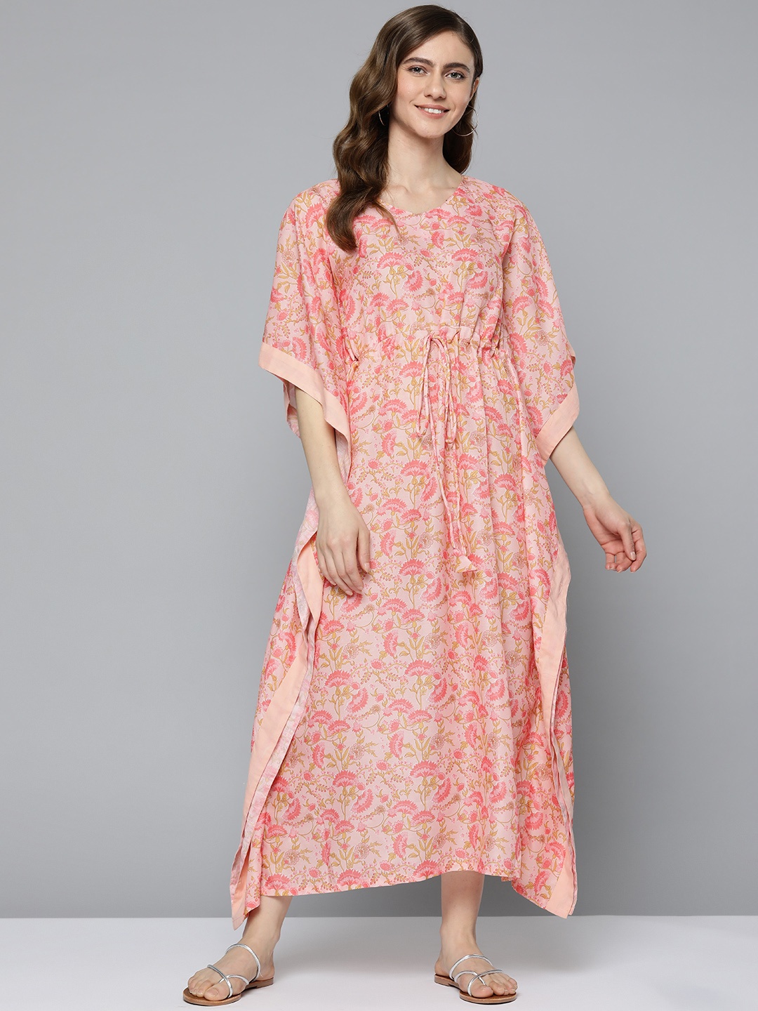 

HERE&NOW Peach-Coloured & Black Ethnic Motifs Printed Maxi Kaftan Nightdress
