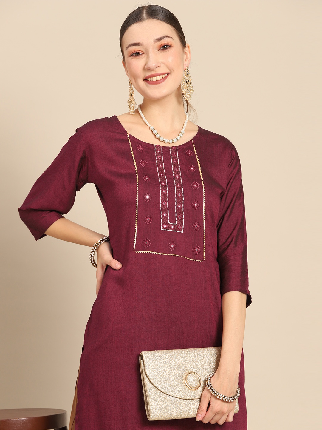 

Sangria Women Burgundy Embroidered Mirror Work Kurta