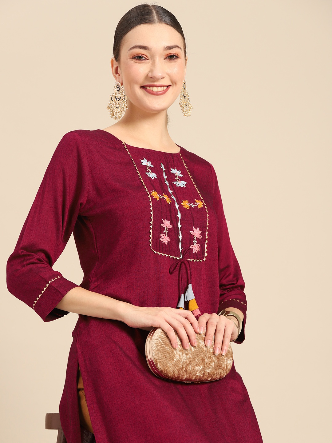 

Sangria Women Maroon Floral Embroidered Yoke Design Gotta Patti Kurta