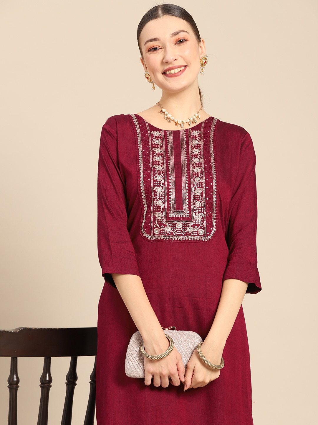 

Sangria Women Maroon Ethnic Motifs Embroidered Yoke Design Gotta Patti Kurta