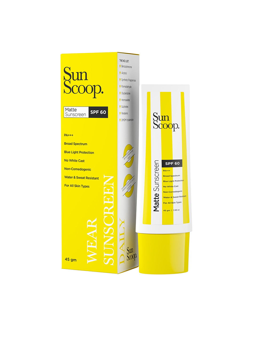 

SunScoop SPF 60 PA+++ Matte Sunscreen for Blue Light Protection - 45 g, Yellow