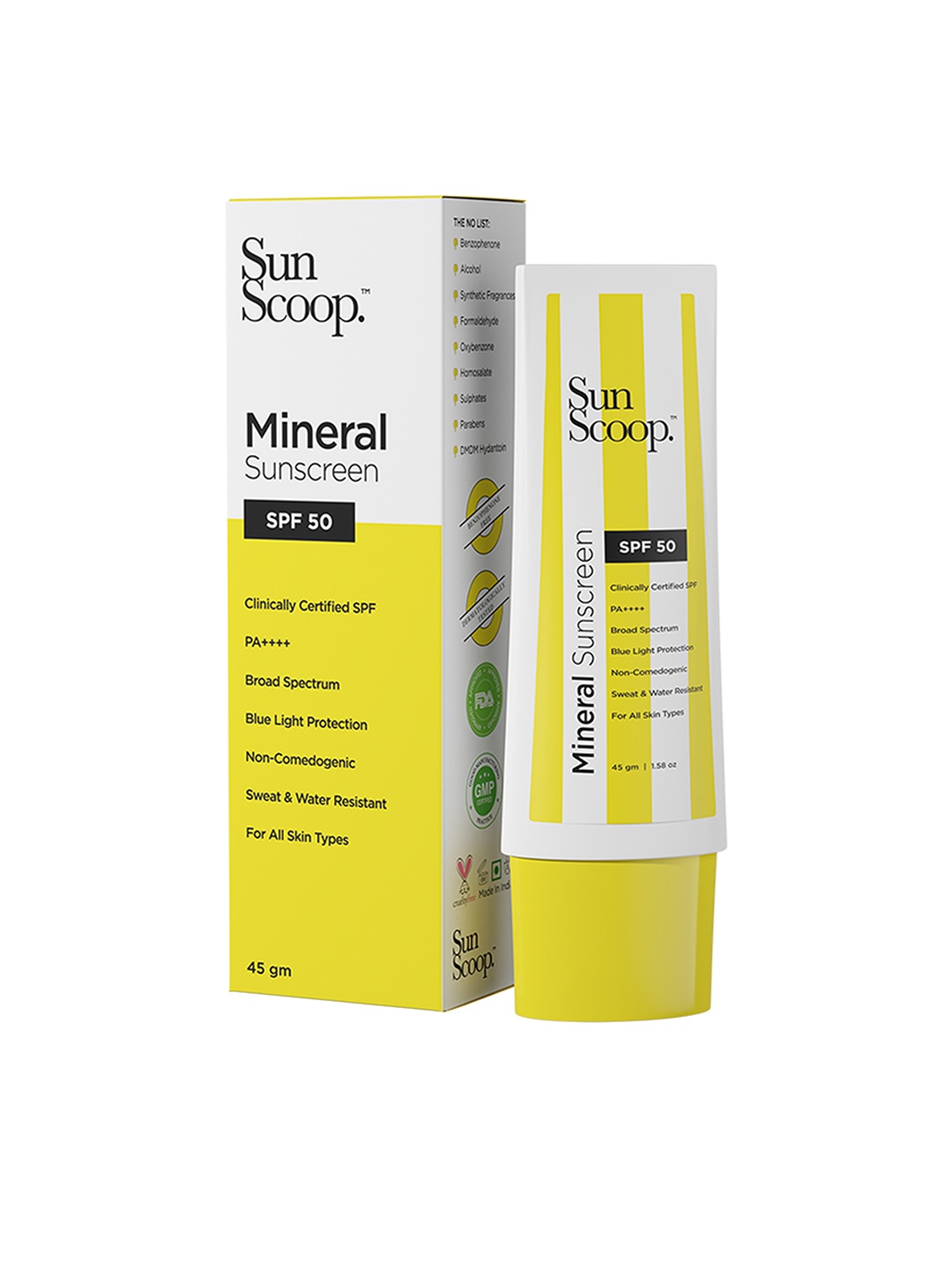 

SunScoop SPF 50 PA++++ Mineral Sunscreen for Blue Light Protection - 45 g, Yellow